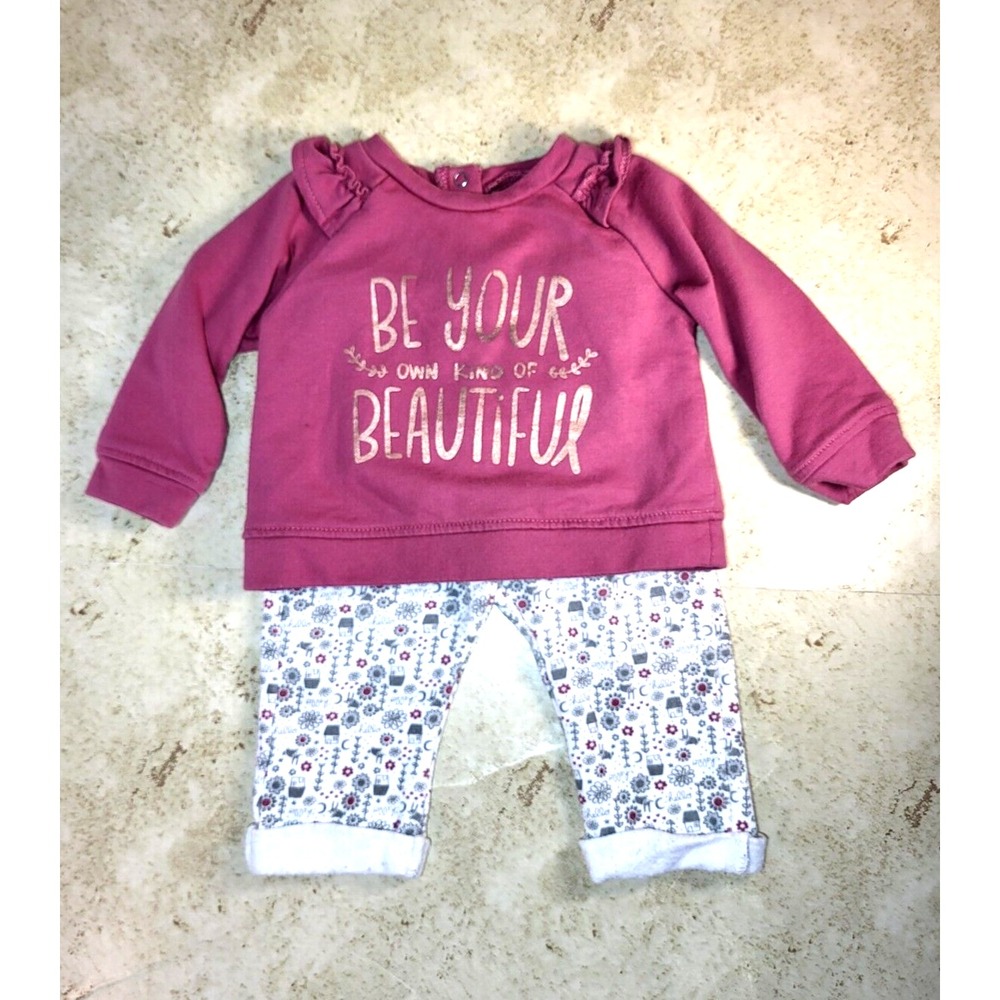 Chick Pea 2 Piece‎ Mauve Sweatshirt Ruffles Elastic Waist Pant Cuffs 6-9M